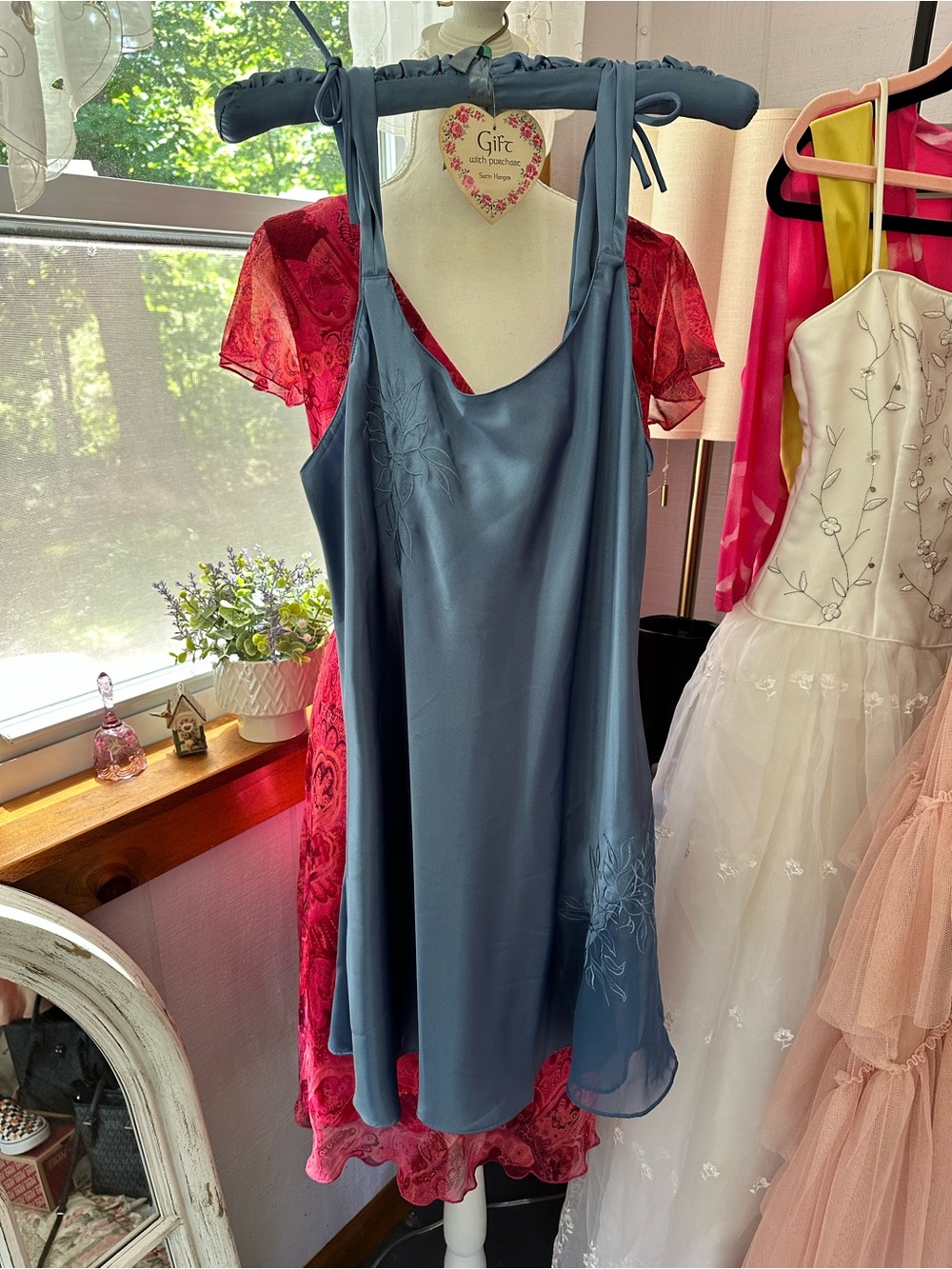 Blue Satin Slip Dress with Embroidered Detail - Women Intimates & Sleepwear